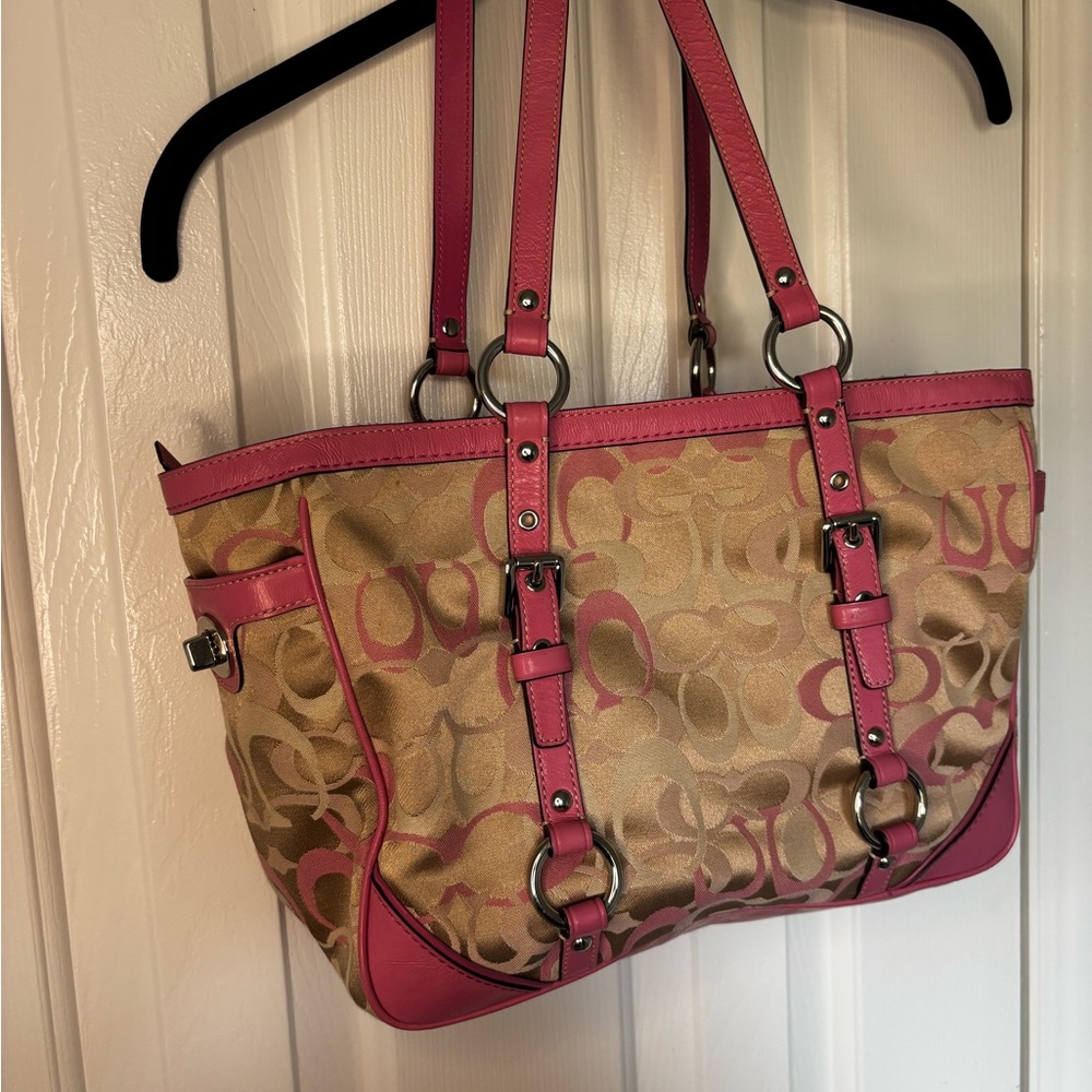 Coach Signature Pink and Tan Shoulder Bag